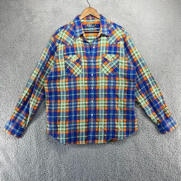 Vintage Ralph Lauren Shirt Men's Extra large Blue Orange Pearl Snap Western 90s - Picture 1 of 10